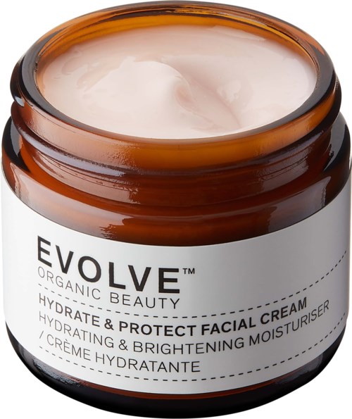 Brązowy słoik z białą kremem, oznaczone 'EVOLVE Organic Beauty Hydrate & Protect Facial Cream' nawilżającą i rozświetlającą.