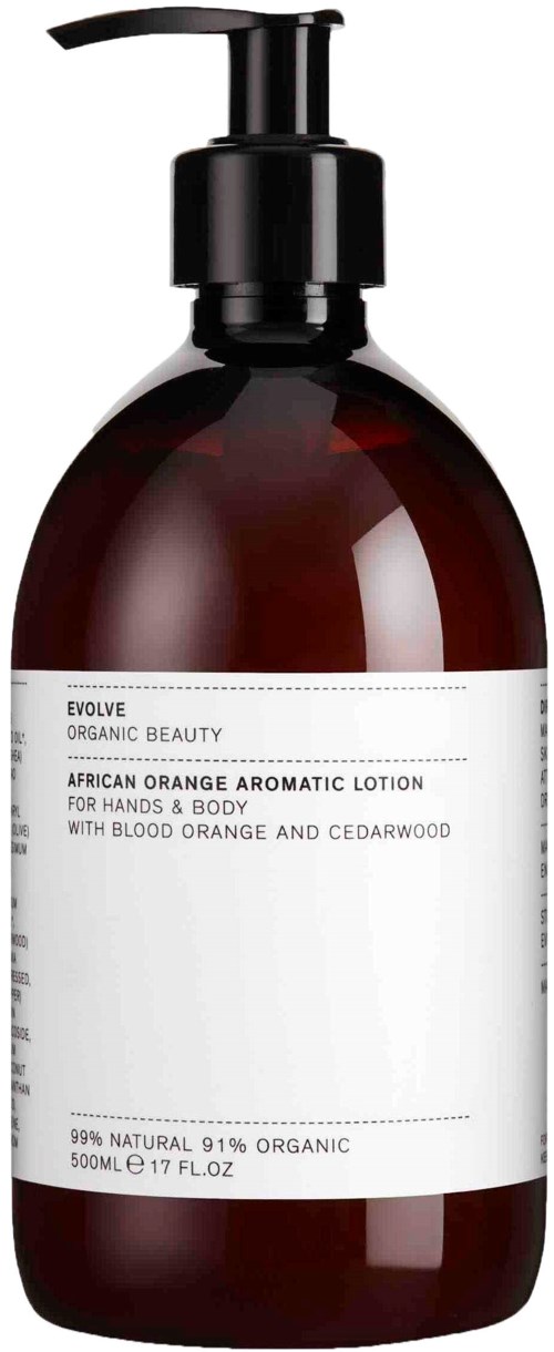 En brun pumpeflaske med afrikansk appelsin aromatisk lotion for hender og kropp, med duft av blodappelsin og sedertre.