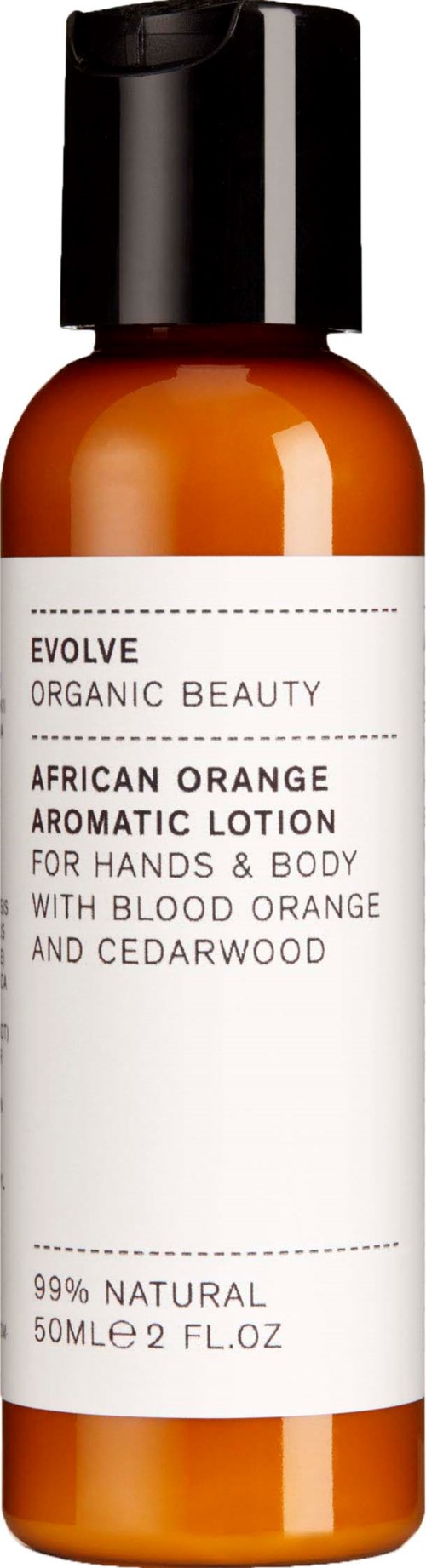 En liten oransje flaske med svart topp inneholder afrikansk appelsin aromatisk lotion for hender og kropp.