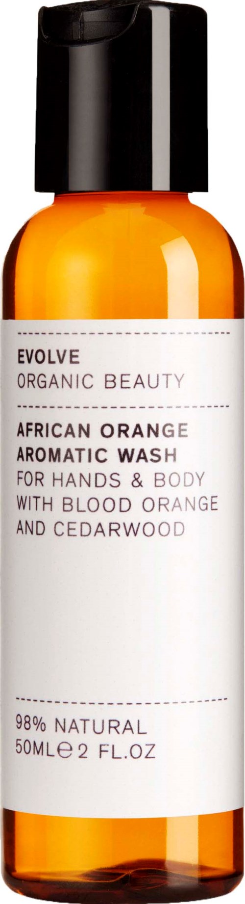 En liten oransje flaske med svart kork, merket 'Evolve Organic Beauty African Orange Aromatic Wash.'