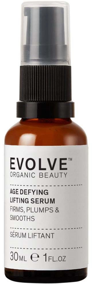 En liten brun flaska med svart pump och vit etikett, märkt 'Evolve Age Defying Lifting Serum.'