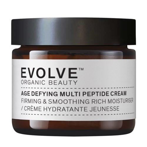 Det er en mørk krukke med EVOLVE Organic Beauty Multi Peptide Cream, designet for å stramme og jevne ut huden.