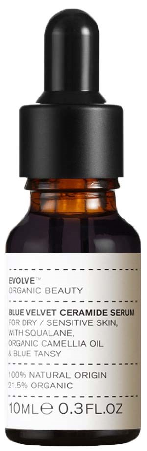 Liten brun flaska med svart pipettlock, märkt med produktinformation för hudserum, innehåller ceramide och ekologiska oljor.