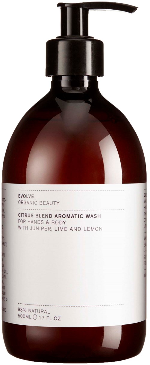 Eine braune Pumpflasche mit Bio-Zitruswaschmittel für Hände und Körper, mit Limette, Zitrone und Wacholder.