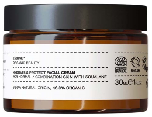 Brązowe słoik z czarną pokrywą zawiera krem do twarzy dla skóry normalnej, z etykietą zawierającą dane produktu i certyfikat organiczny.