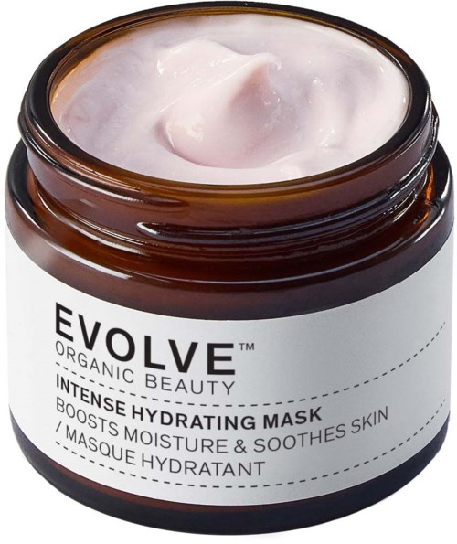 A brown jar with a white label containing 'Evolve Organic Beauty' and 'Intense Hydrating Mask' with pink cream inside.