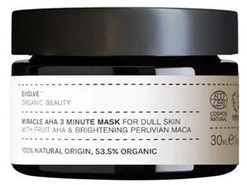 A jar of cream labeled "Evolve Organic Beauty" for dry skin, with fruit and Peruvian maca, 30 ml.
