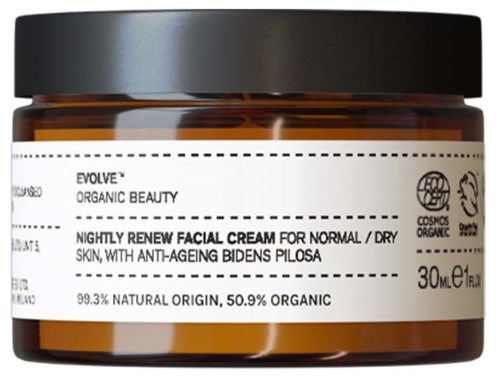 Et krukke med natcreme med hvid etiket, sort låg og tekst om økologiske ingredienser og hudpleje fordele.