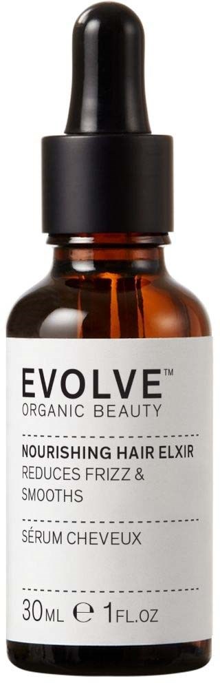 A small brown bottle with a black dropper cap, labeled as Evolve Nourishing Hair Elixir for frizz and smoothing.