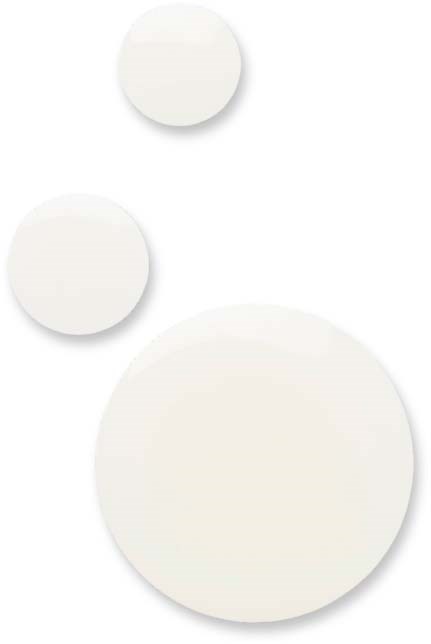 Three white circles of different sizes are arranged vertically, with the largest at the bottom. The background is plain and white.