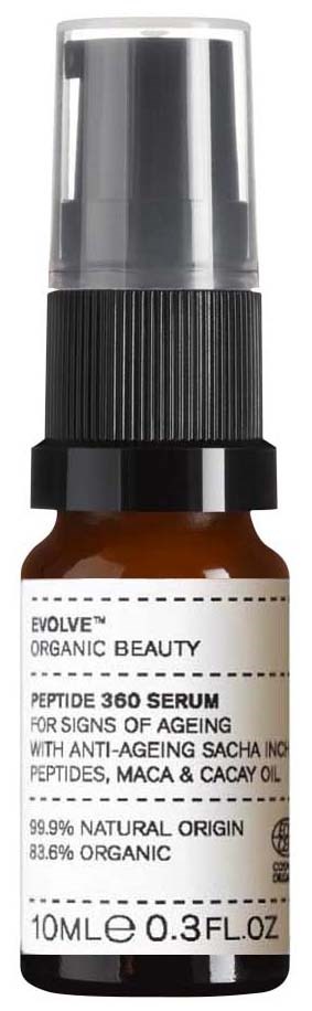 En liten brun flaske med pumpe viser organisk peptidserum for aldringsrettet hudpleie med naturlige ingredienser.
