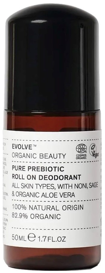 Eine kleine braune Flasche mit schwarzem Deckel und weißem Etikett, enthält Deodorant für alle Hauttypen mit Aloe Vera.