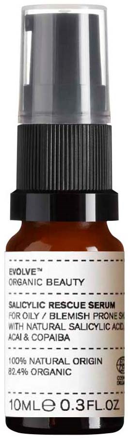 Small brown bottle with a black pump and clear cap, labeled as salicylic rescue serum with natural ingredients.
