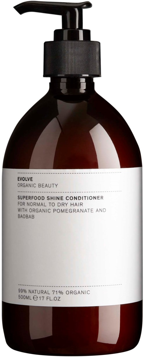 En mørk brun pumpeflaske merket for hårbalsam, inneholder økologiske ingredienser og er 500 ml.