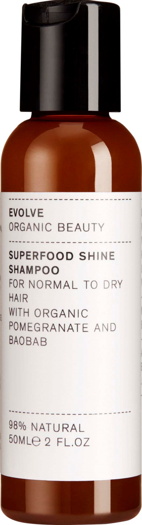 Brown shampoo bottle with a black cap, labeled for normal to dry hair, contains organic pomegranate and baobab. 50ml.
