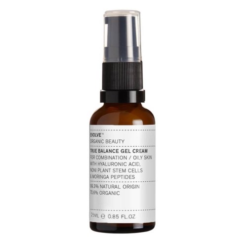 A small brown bottle with a black cap and clear spray top, labeled as organic beauty gel cream for oily skin.