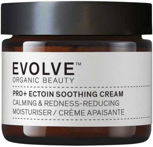 En burk med EVOLVE ekologisk skönhetskräm för lugnande hud, minskning av rödhet och fukt. Svart lock, vit etikett.