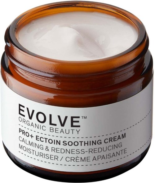 Brun burk med vit kräm inuti, märkt EVOLVE Organic Beauty Pro+ Ectoin Soothing Cream.