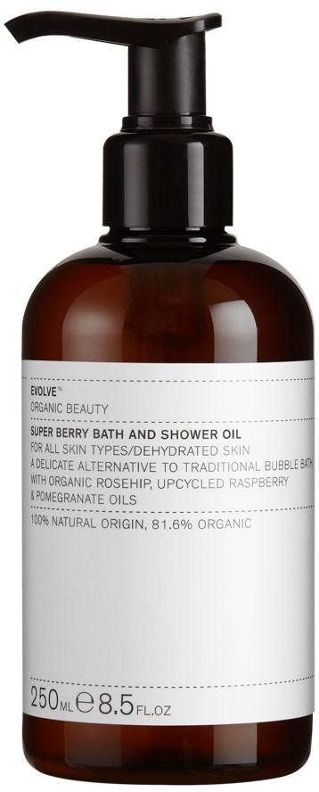 A brown pump bottle with a white label, containing bath and shower oil for all skin types, made of natural ingredients.