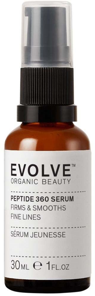 Brown glass bottle with black and white label, containing peptide serum for firming and smoothing skin. 30 ml size.
