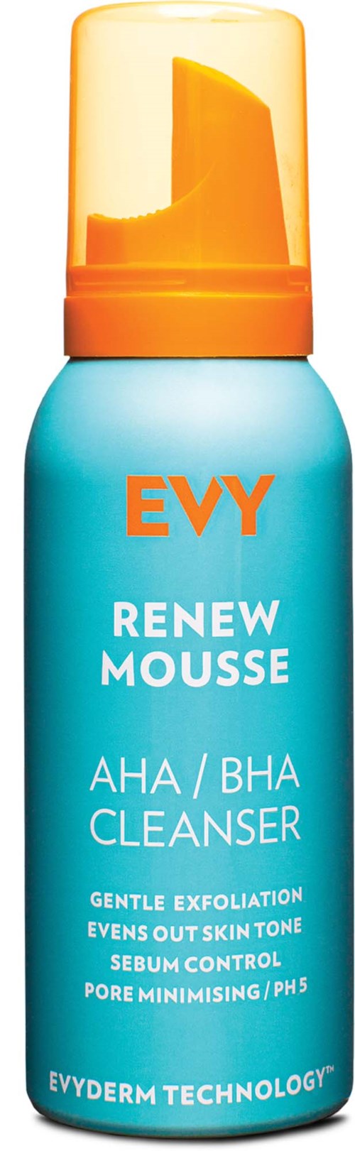 En blå och orange ansiktsrengöringsflaska med pump, märkt "RENEW MOUSSE" för hudexfoliering och rengöring.