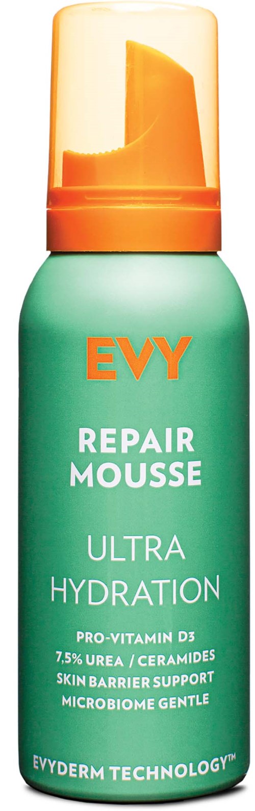 En grön flaska med EVY Repair Mousse för hudhydrering och orange kork.