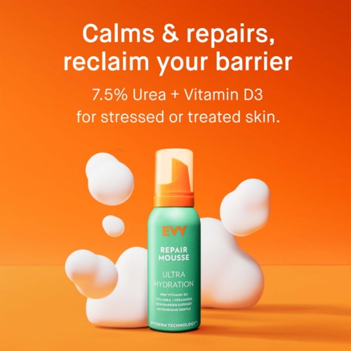 En hudvårdsprodukt som heter EVY Repair Mousse med 7,5 % Urea och Vitamin D3 för stressad hud.