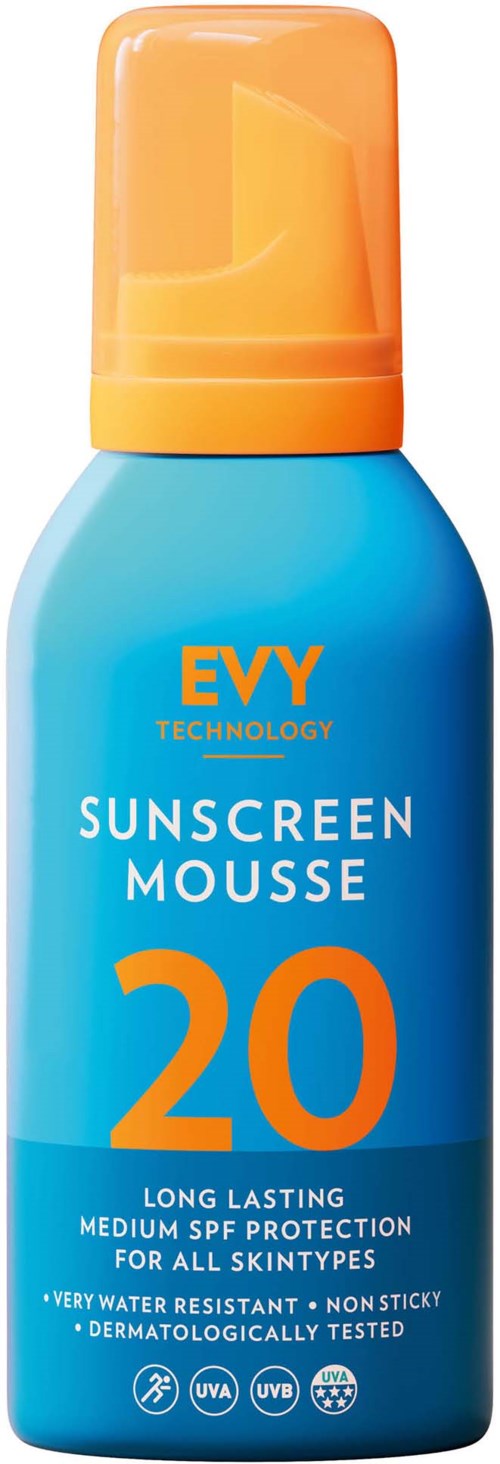 En blå flaska med orange kork, märkt 'Sunscreen Mousse 20' och information om solskydd.