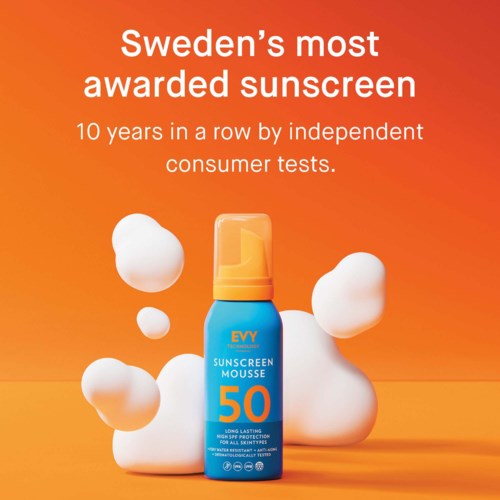 A blue bottle of sunscreen mousse labeled SPF 50 surrounded by white bubbles on an orange background.