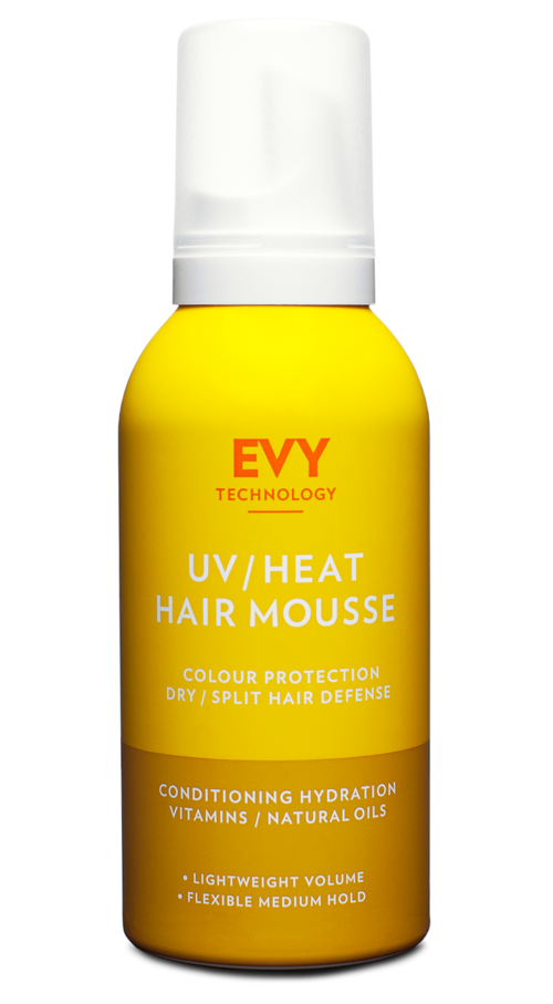 Yellow bottle with white cap, labeled 'UV/Heat Hair Mousse', offers color protection and hydration for hair.