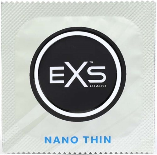 A small, round packet labeled 'EXS Nano Thin' with a black and white logo.