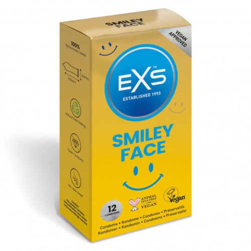 Bright yellow box labeled 'Smiley Face' with a blue circle logo and smiley face design, containing condoms.