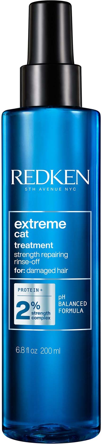 Blue bottle of Redken Extreme Cat treatment for damaged hair with spray nozzle.