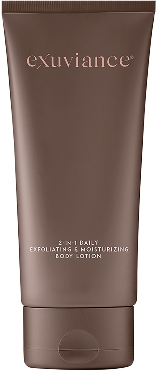 Braune Tube mit Exuviance 2-in-1 Körperlotion für Peeling und Feuchtigkeit.