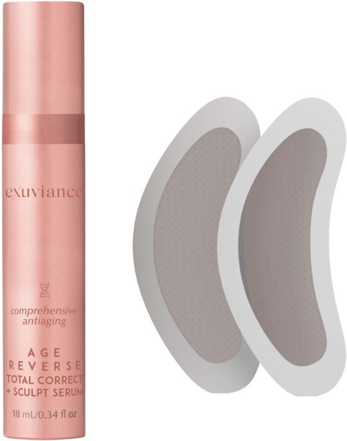 En rosa flaska hudvårdssserum med två silikonlappar bredvid, används för anti-aging behandling.