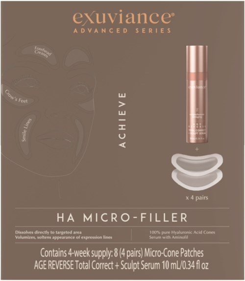 En kosmetisk produkt från Exuviance med fyra mikro-kon-plaaster, hyaluronsyra serum och användningsinstruktioner.