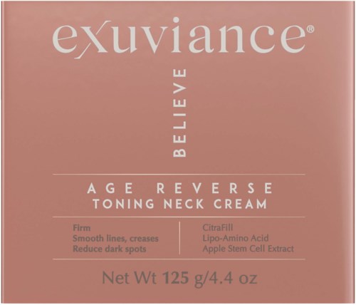 Laatikon on pinkki Exuviance Age Reverse Toning Neck Cream, korostaen uskoa ja ikääntymisen ehkäisyä.