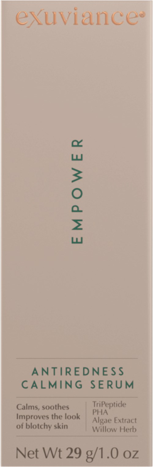 Hien doohoito-tuotemerkin Exuviance etiketti, nimeltä Empower Antiredness Calming Serum, sisältää ainesosaluettelon.