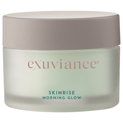 En burk med hudvårdskräm med vit lock och ljusgrön etikett. Det står 'exuviance' och 'SKINRISE MORNING GLOW'.