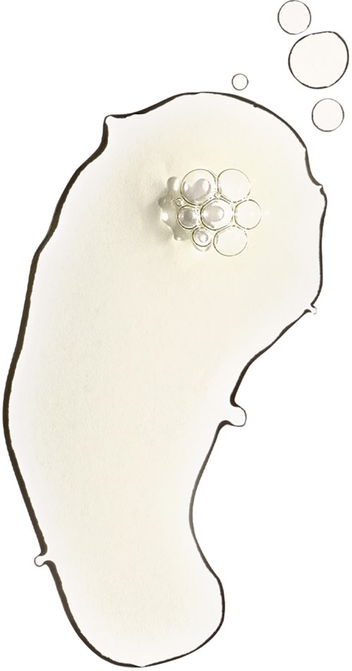 En klar vätska med små bubblor inuti, formad som en droppe eller blad med en tunn svart kant.