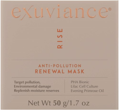 En hudpleieproduktboksmerket 'Exuviance RISe Anti-Pollution Renewal Mask' med ingredienser og vektopplysninger.