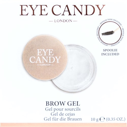 En rund beholder med beige og klar gel til bryn, inkludert en liten spoolie-verktøy, merket 'EYE CANDY London'.