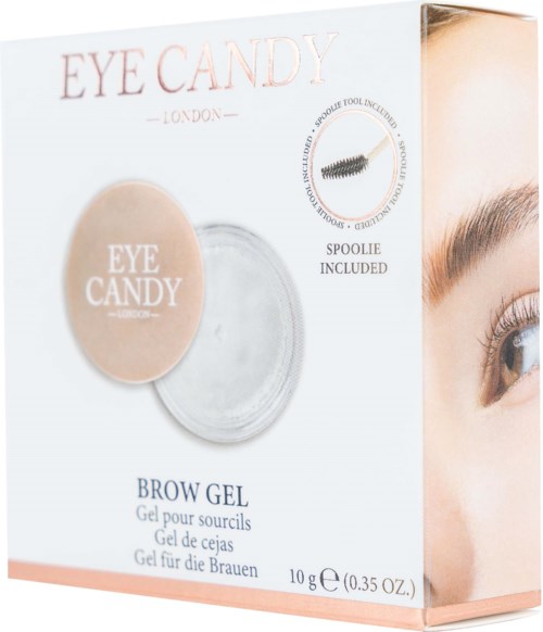 Øyenbrynsgel fra Eye Candy med emballasje som viser et øye og øyenbryn. Inneholder 10g, inkluderer en skje for påføring.