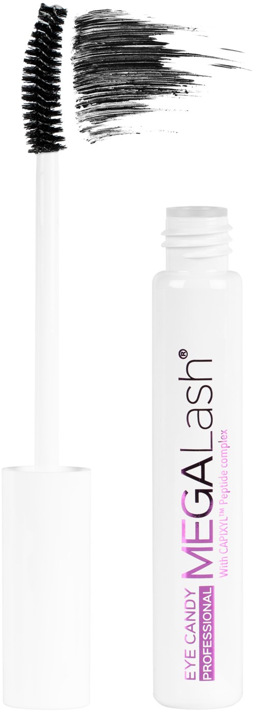 En vit ögonmakeup-flaska märkt 'MEGALASH' med en svart mascara-borste med mascarastreck.