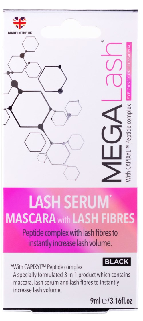 Förpackning för MegaLash Lash Serum Mascara, svart, med fransfibrer, 9 ml/3,16 fl oz.
