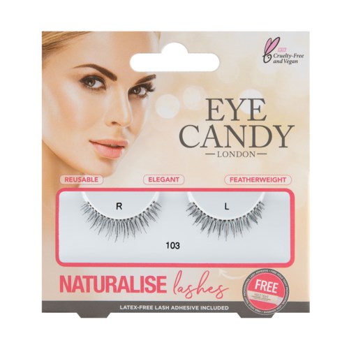 Falska ögonfransar för naturligt utseende, mjuka och lätta, med cruelty-free-märkning, återanvändbara, märkesnamn Eye Candy London.