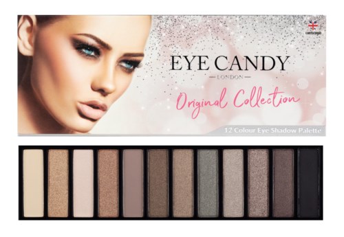 Ett set med 12 ögonskuggor med en kvinna på förpackningen, märkt "Eye Candy" och "Original Collection."
