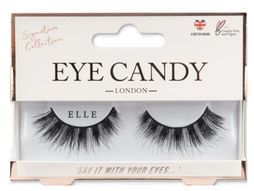 Schachtel mit schwarzen, dichten, langen falschen Wimpern von Eye Candy London. Verpackung sagt "Signature Collection" und es ist cruelty-free.