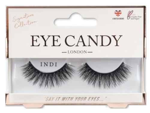 Falske øyevipper i et klart tilfelle med svart og hvitt emballasje, merket 'Eye Candy London'.