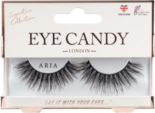 Falsche Wimpern in einer Schachtel, mit der Aufschrift 'Eye Candy London', rosa-weißes Design und cruelty-free-Symbol.